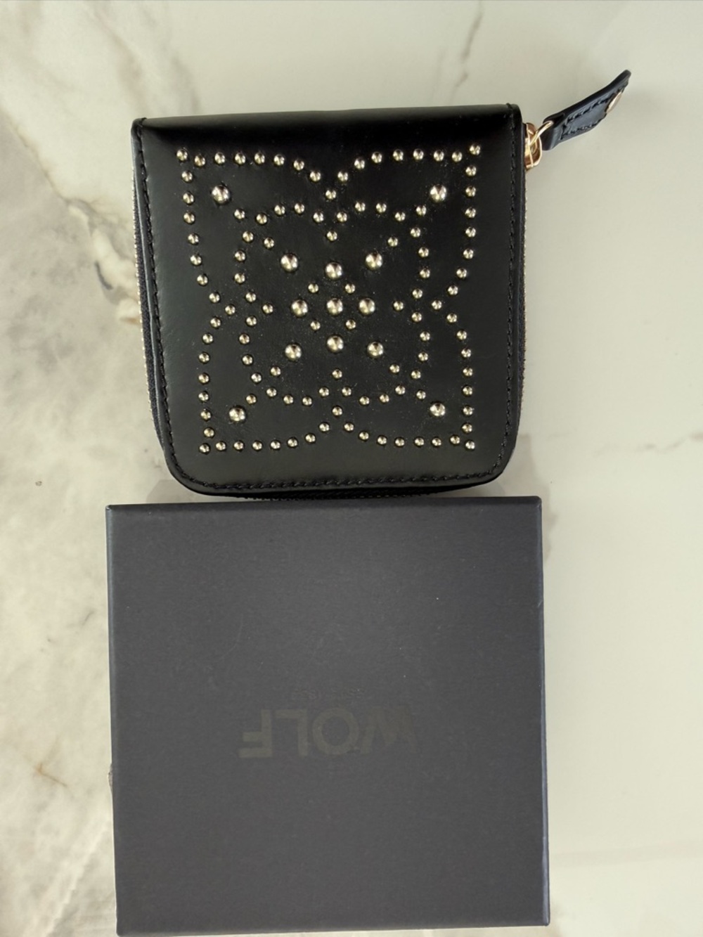 WOLF Black Leather Studded Travel Jewelry case
